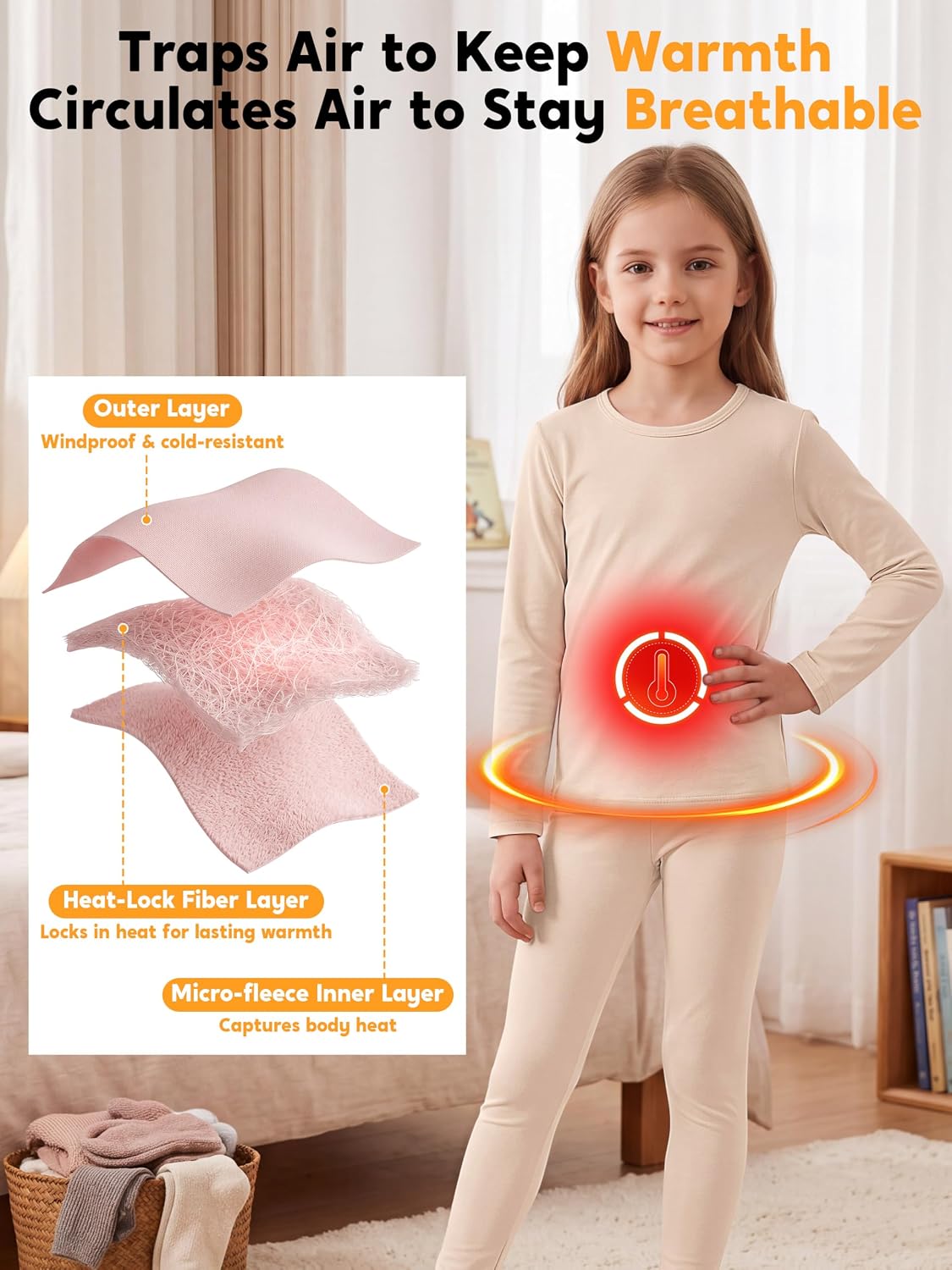 Resinta Fleece Lined Thermal Underwear Thermal Set for Kids Base Layer Long Johns Top Bottom Warm Set for Girls Boys
