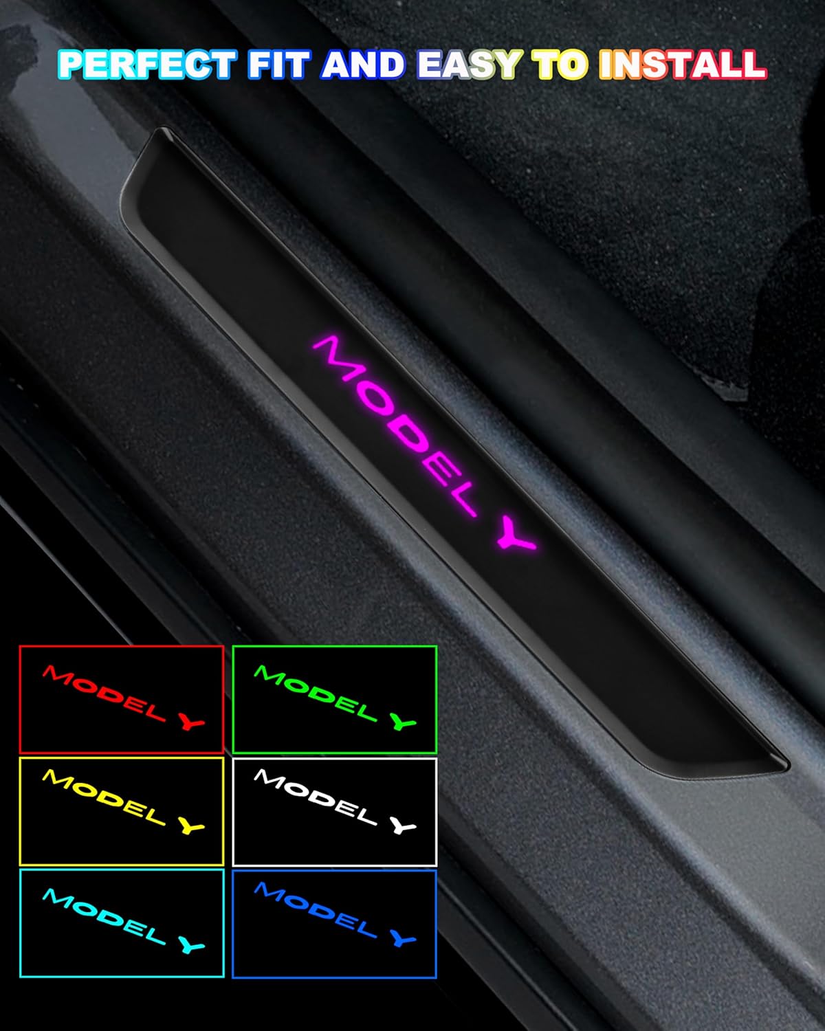 LED Door Sill Lights for Tesla Model Y 2020-2025 Accessories, ABS Scratch-Resistant Sill Protector with 7-Color RGB Lighting, Battery Powered Model Y Pedal Mood Lamp, Matte Black, 4PCS