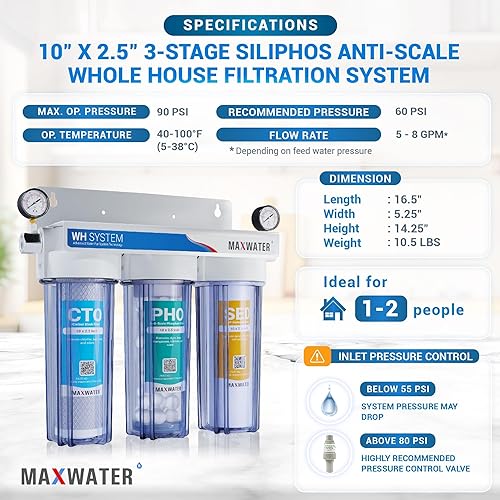 Miniatura 2 de Max Water Sistema de filtración de agua estándar de 3 etapas (bueno para proteger el hogar de incrustaciones y corrosión) de 10 pulgadas para toda