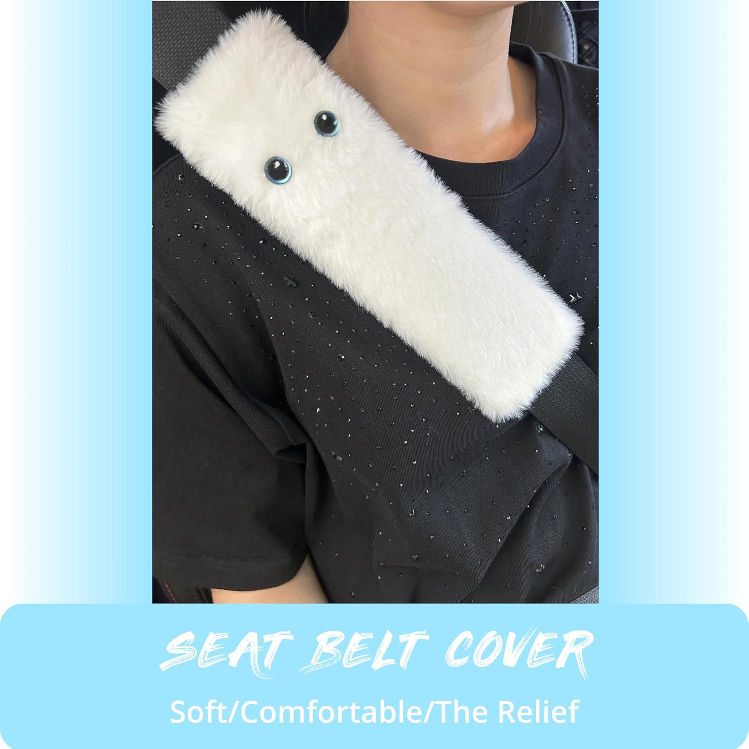 White Cat Seat Belt Strap Cover Pad, Fluffy Shoulder Cushion 2 PC image 2