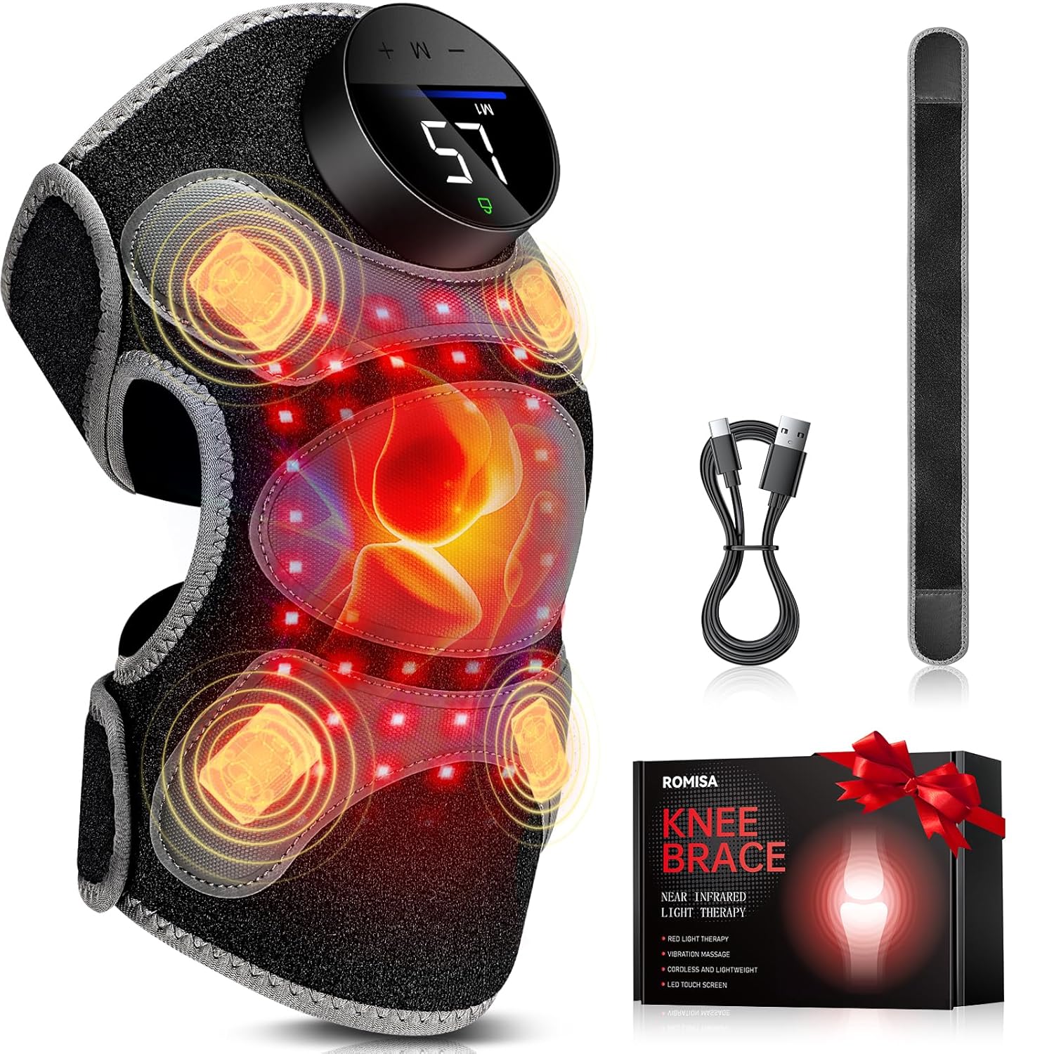 Upgraded PRO Red Light Therapy Knee Brace & 4 Vibration Massage - Rechargeable Controller, 660nm&850nm Red Light Therapy Heated Device for Knee/Elbow/Shoulder