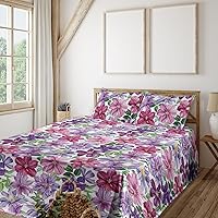 Vista 8 de Ambesonne Forest Sheet Set, Fantasy Jungle Floral Ornaments and Leaves Exotic Print Artwork, Fitted and Flat Sheet with Pillowcases Bedding Accent 4