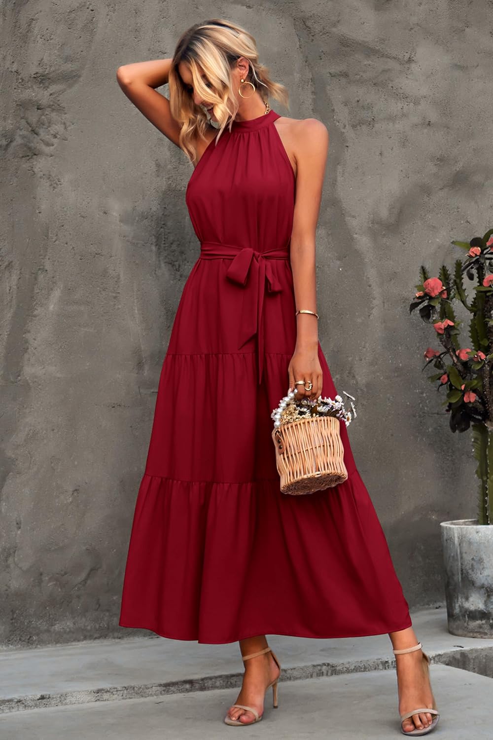 PRETTYGARDEN Women's Summer Floral Maxi Sun Dress Sleeveless Halter Neck Flowy Ruffle Hem Long Boho Dresses with Belt - Image 6