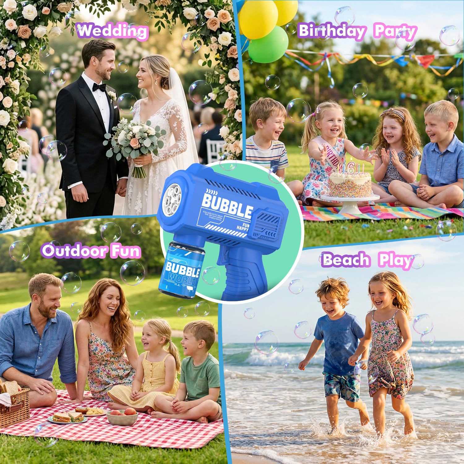 4 Pièces Pistolet à Bulles Automatique - 5000+ Bulles/Min, Portable avec Lumières, 4 Solutions + 10 Recharges - Jouets Bulles pour Enfants - Mariages/Anniversaires/Fêtes/Cadeau
