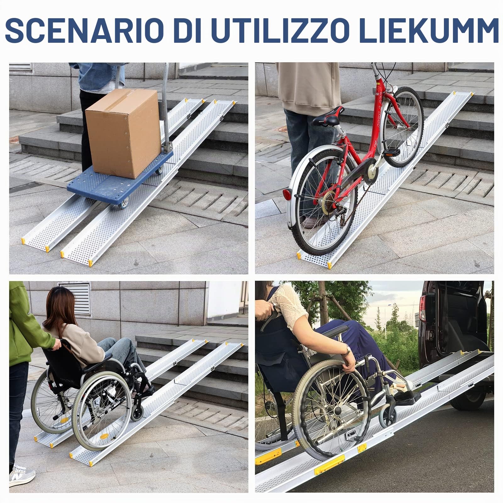 LIEKUMM Rampa per Sedia a Rotelle, 126cm-300cm Rampe di Carico Telescopiche in alluminio, Portata 300kg Rampe per Scooter, biciclette, sedie a rotelle manuali
