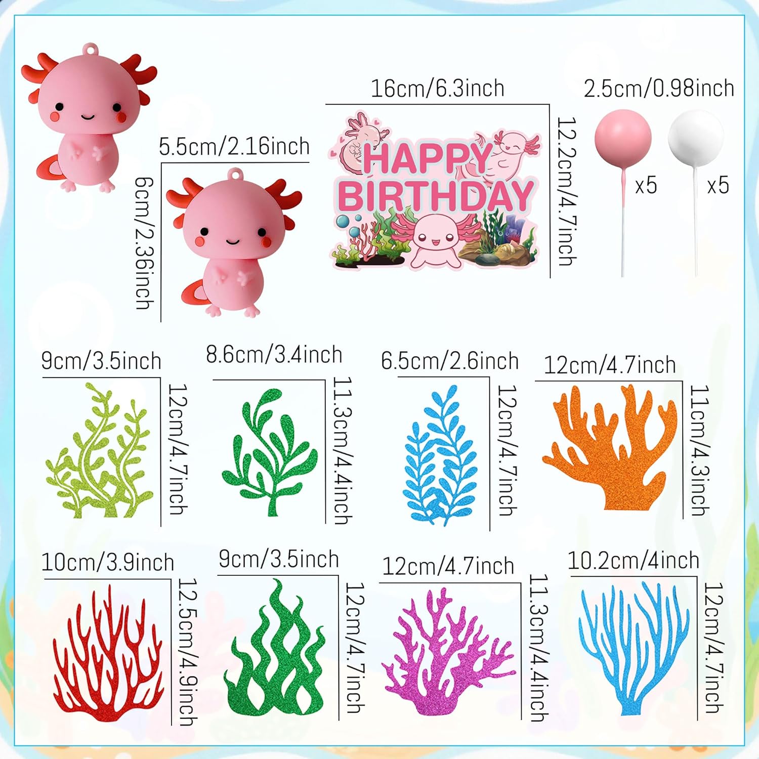 Pink Axolotl Cake Topper Cute Axolotl Birthday Decorations Ocean Axolotl Figurine Cake Decorations Seagrass Cake Toppers Under the Sea Happy Birthday Party Supplies - Image 2