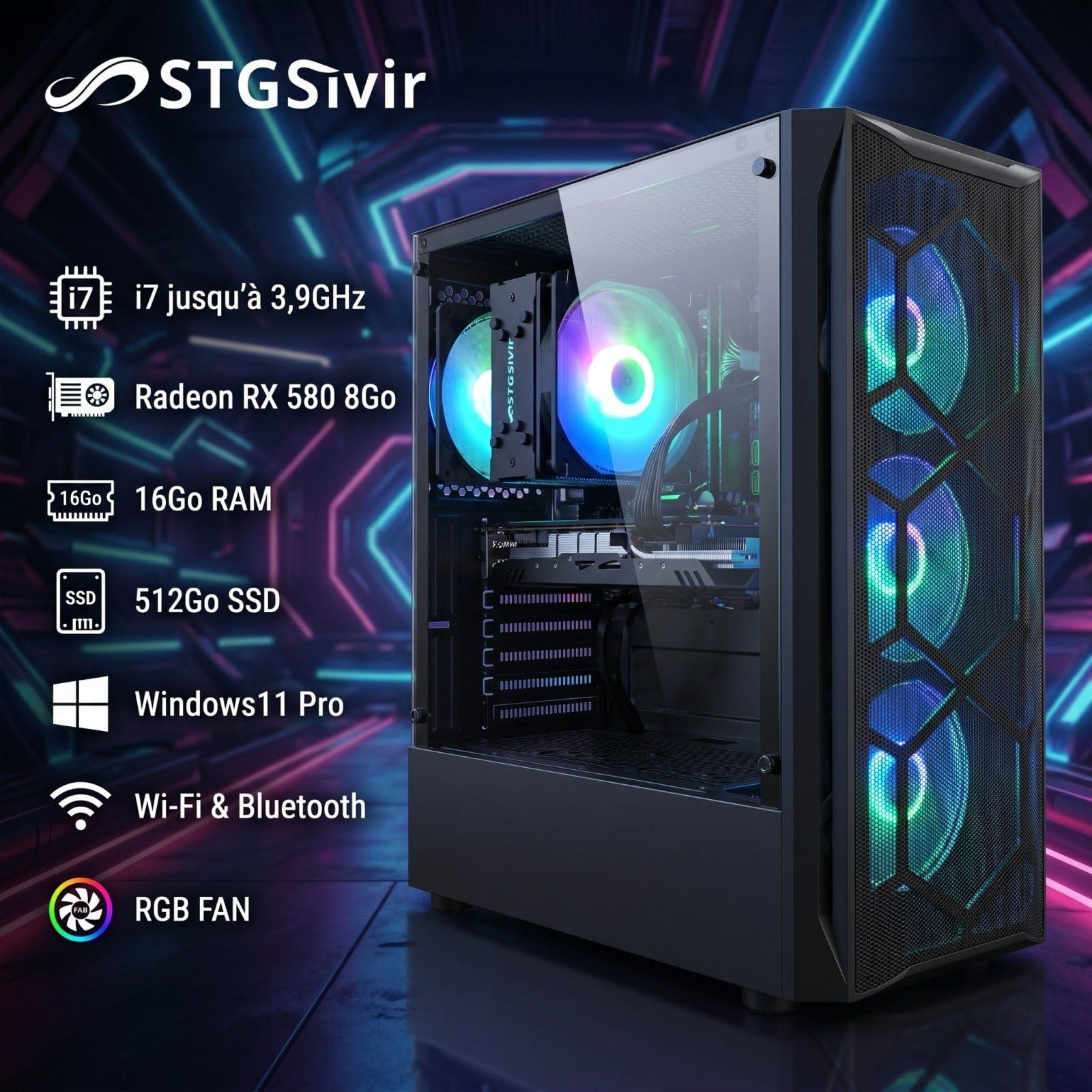 STGsivir Gaming PC, RX 580 8G, 16G RAM, 512G SSD | Gaming Computer für Streaming,Videobearbeitung,Hausaufgaben, WLAN, BT 5, 4K,HDMI,DP, Win11 Pro, ARGB