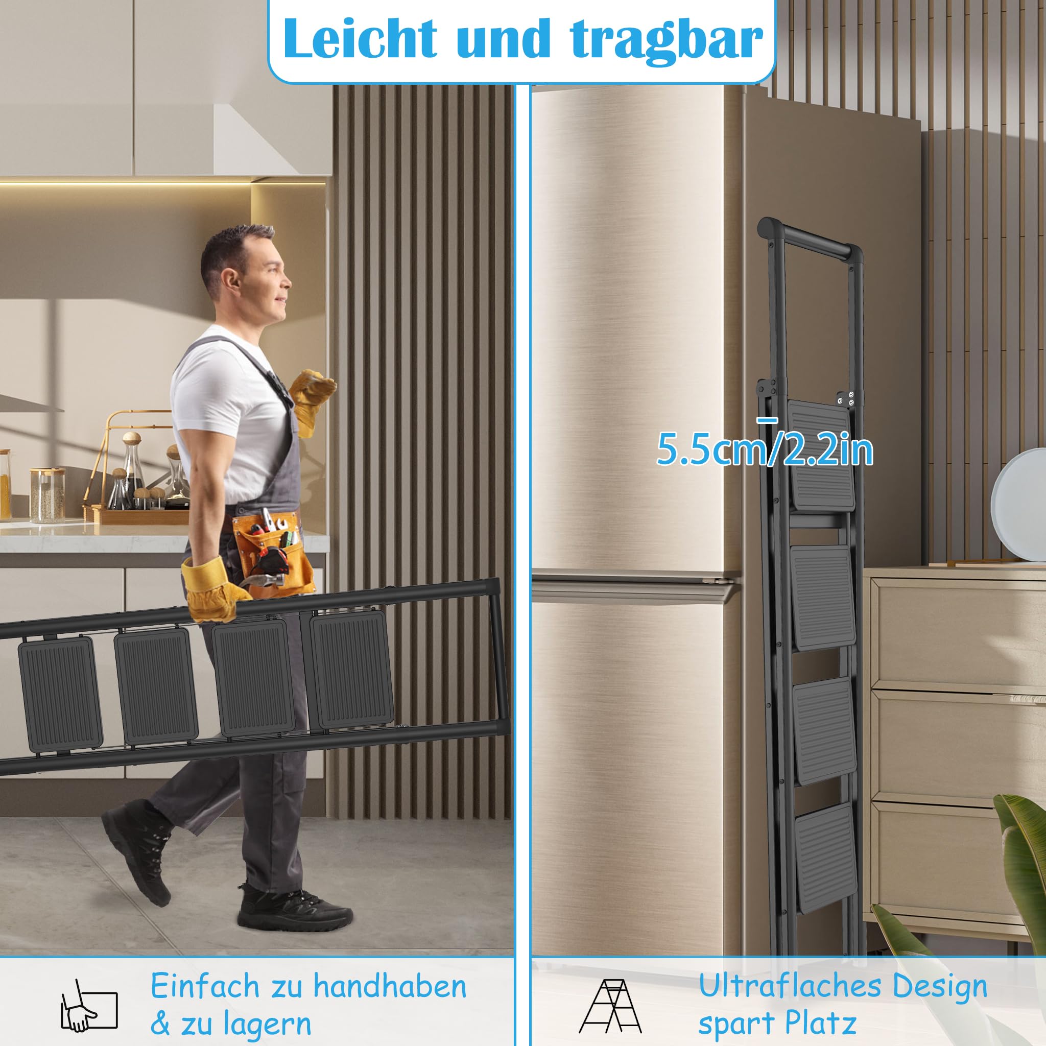 NAIZY Escabeau pliable à 4 marches - Petite échelle avec marchepied large - Échelle pliante en métal - Charge maximale : 270 kg