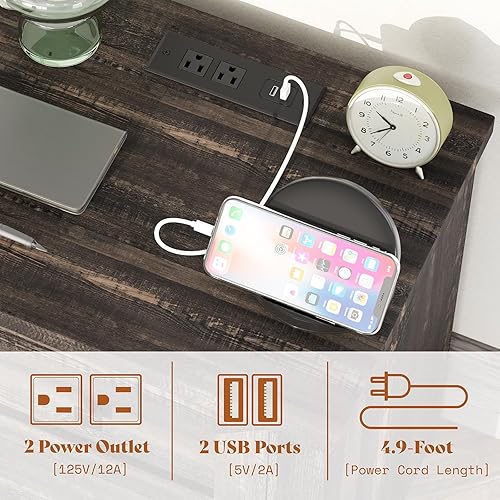 Vista 5 de AMERLIFE Juego de 2 mesitas de noche con estación de carga, mesita de noche rústica con cajones de almacenamiento, mesita de noche de madera