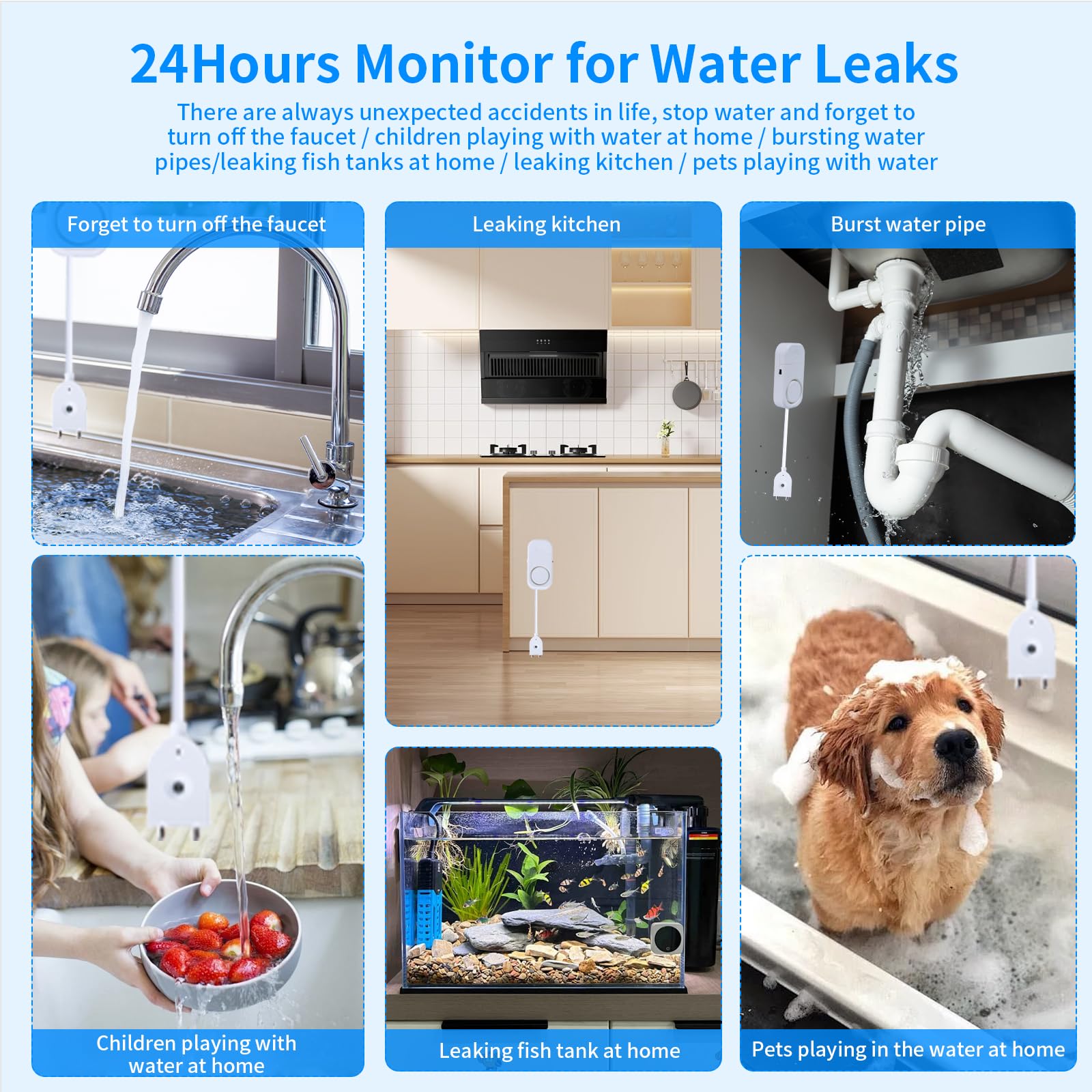 Detector inteligente de fugas de agua, alarma ajustable de 120 dB para el hogar, sensor de agua para sótano, alerta de fugas de agua, 3 unidades
