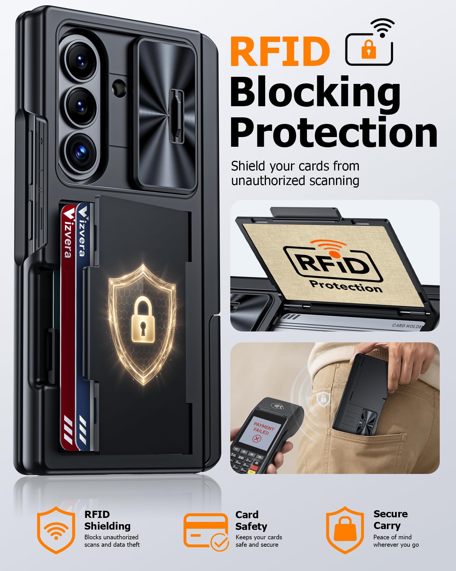 Vizvera Custodia per Samsung Galaxy Z Fold 8 Ultra 2026 con porta carte e supporto RFID, pellicola protettiva in vetro temperato HD, copertura per fotocamera scorrevole, protezione per cerniera