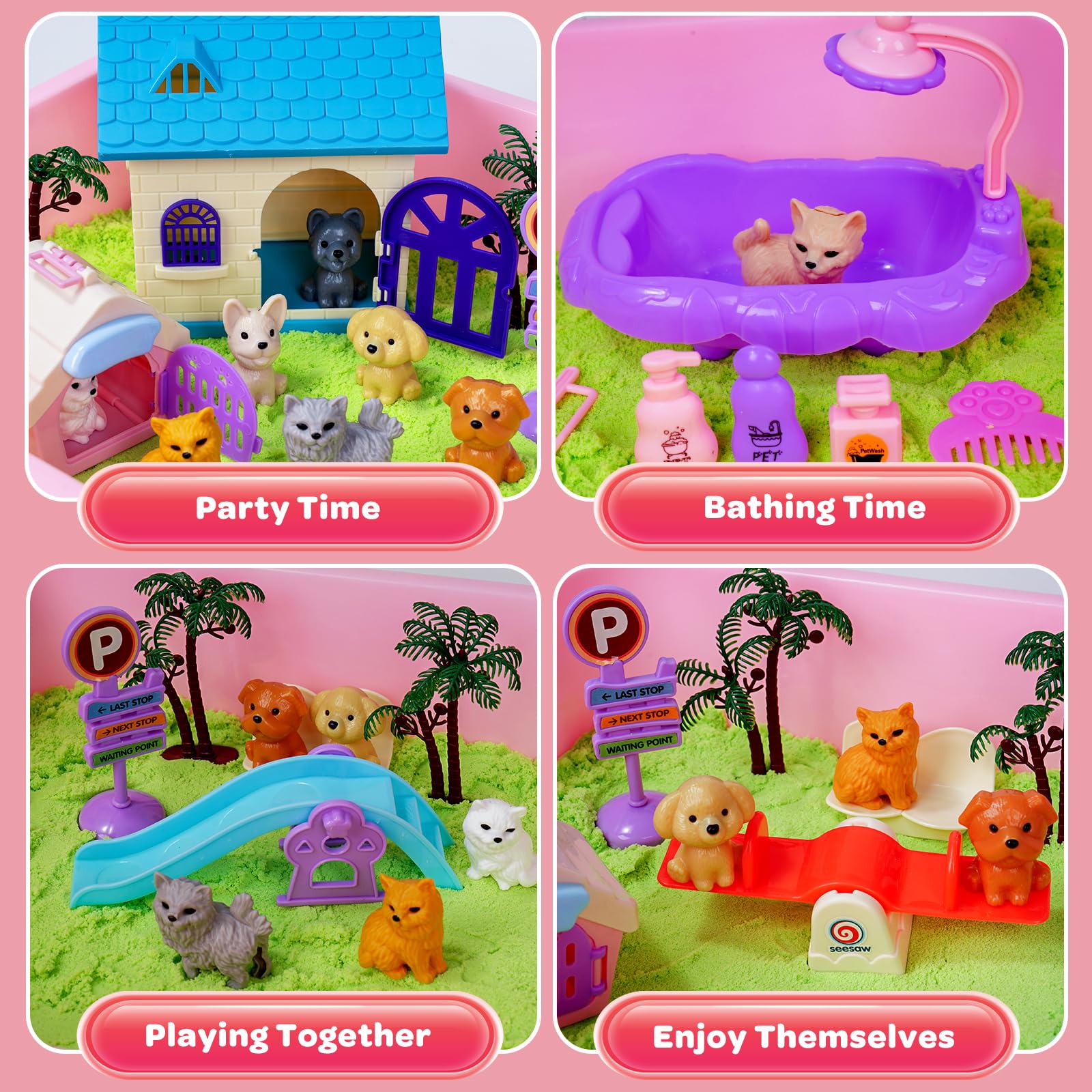KNASON Sable Magique Sensoriel Pour Enfants - Kit Jeu Chat & Chien Avec Bac, Figurines Et Accessoires - Cadeau 3 Ans+