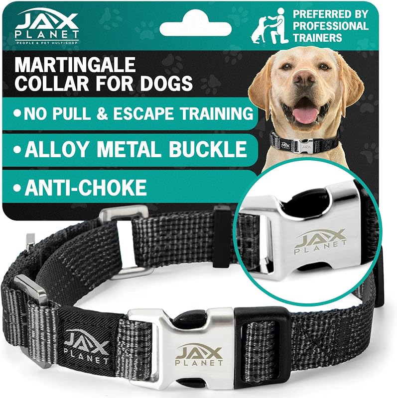 Coleira Martingale para Cães com Fivela Metálica e Costura Refletiva Preta JAX PLANET