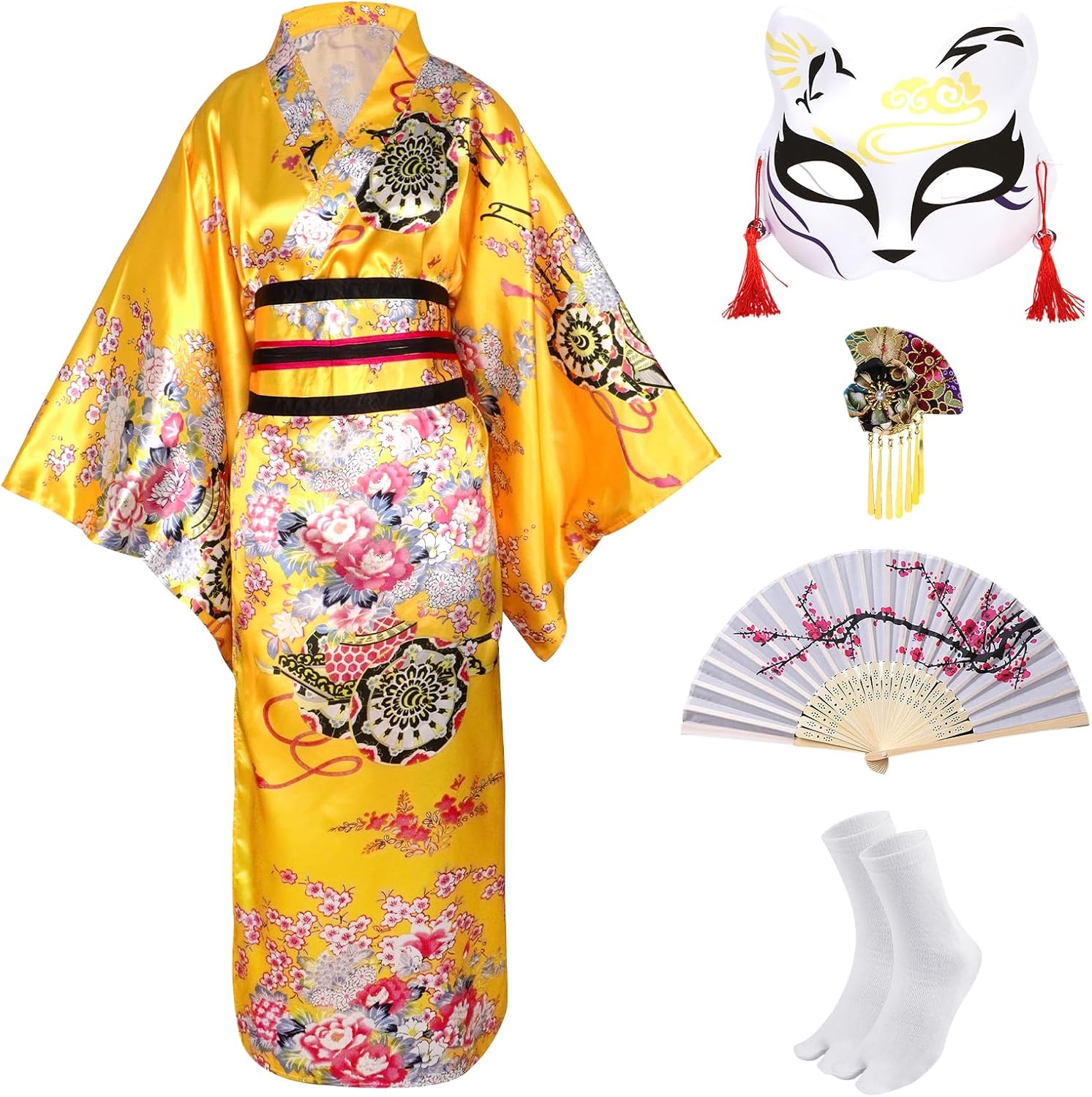 Kimonos for Women Japanese Dress Yukata Geisha Costume Fancy Robe Anime Cosplay Maid Outfit Mask Hand Fan Socks Set