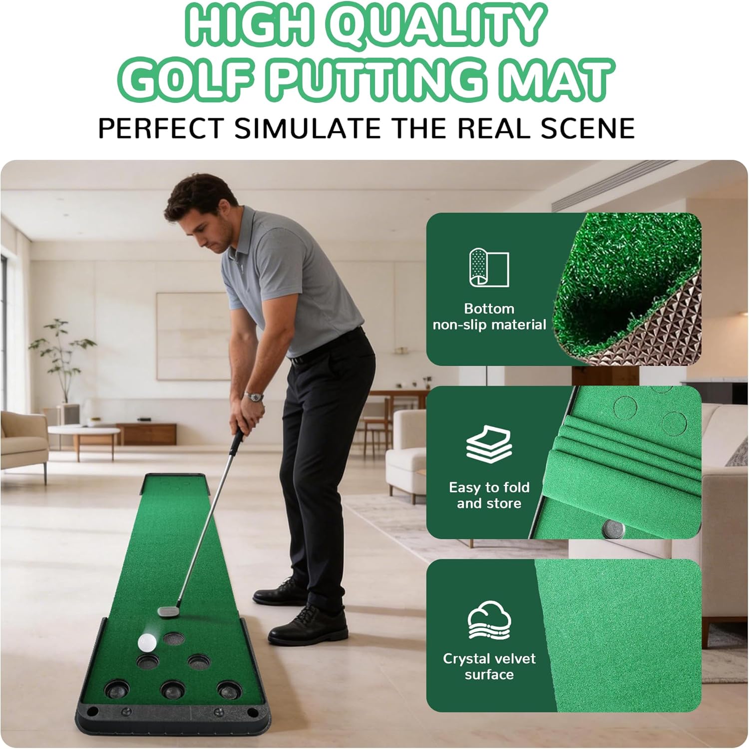 Fitvids Premium Automatic Ball Return Golf Putting Mat, Portable Indoor Golf Practice Green with Alignment Guide & Solid Base, Ideal for Home or Office and Golfers,