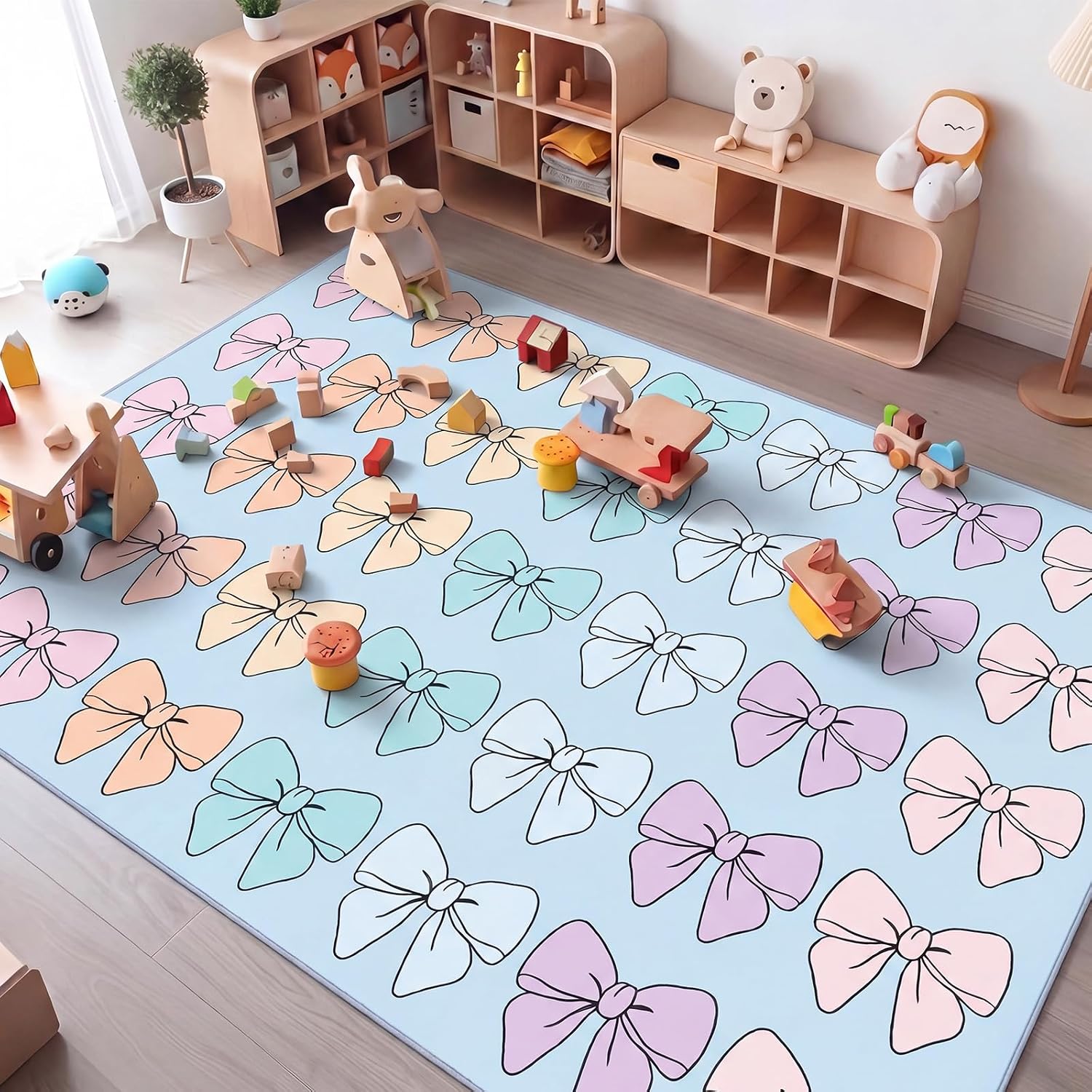 Dunzy 5x7.6 ft Pastel Classroom Rug, Rainbow Bow Educational Area Mat for Room Back to School Colorful Large Classroom Carpet for Preschool Kindergarten Daycare Room Teaching Playroom