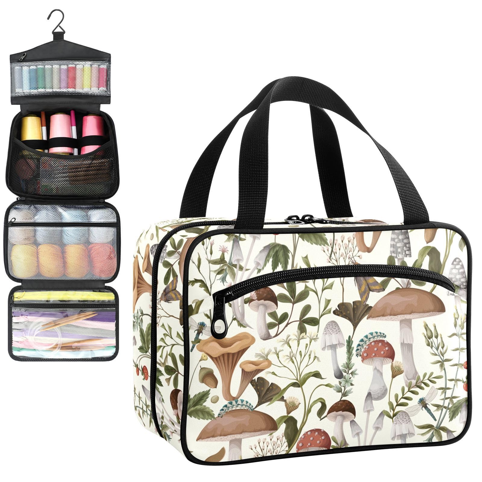 YNNALE Sewing Supply Organizer Bag, Mushroon Botanical Portable Sewing Bags with Pockets&Hanger, Sewing Storage Box Case for Sew Supplies/Kit/Tools/Accessories (BAG ONLY)