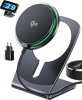 INIU Cargador Inalámbrico iPhone, 15W Certificado Qi2 Base Carga Rápida Magnética y Soporte Móvil, Mag-Safe Wireless Charger for iPhone 17 16 15 14 13 Pro Max Mini AirPods 4 3(con Adaptador USB C 20W)