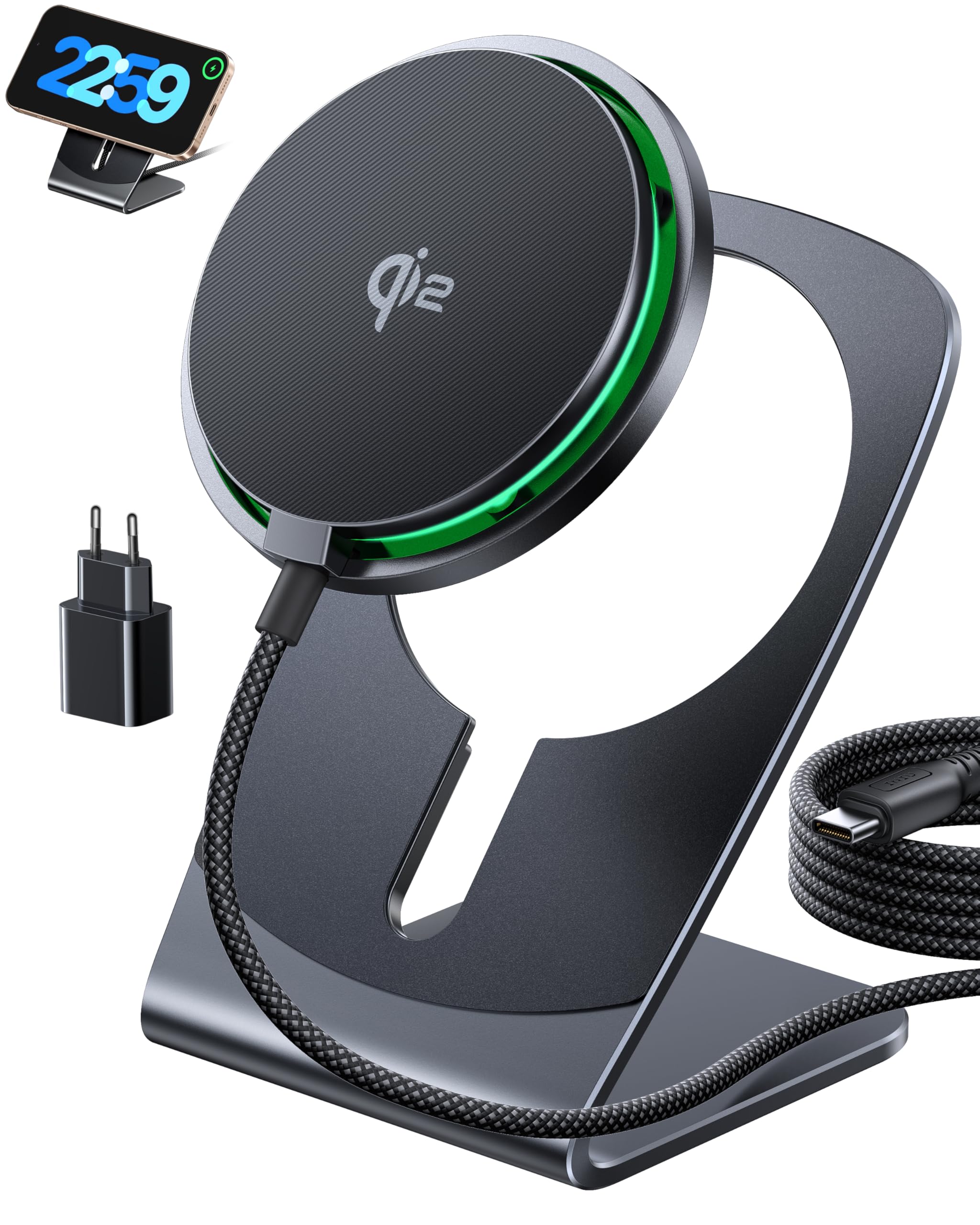 INIU Caricatore Wireless iPhone, Certificato Qi2 Caricabatterie Magnetico 15W Rapido, Stazione Ricarica Wireless Mag-Safe per iPhone 17 16 15 14 13 Pro Max Mini AirPods 4 3 2(con Adattatore USB C 20W)