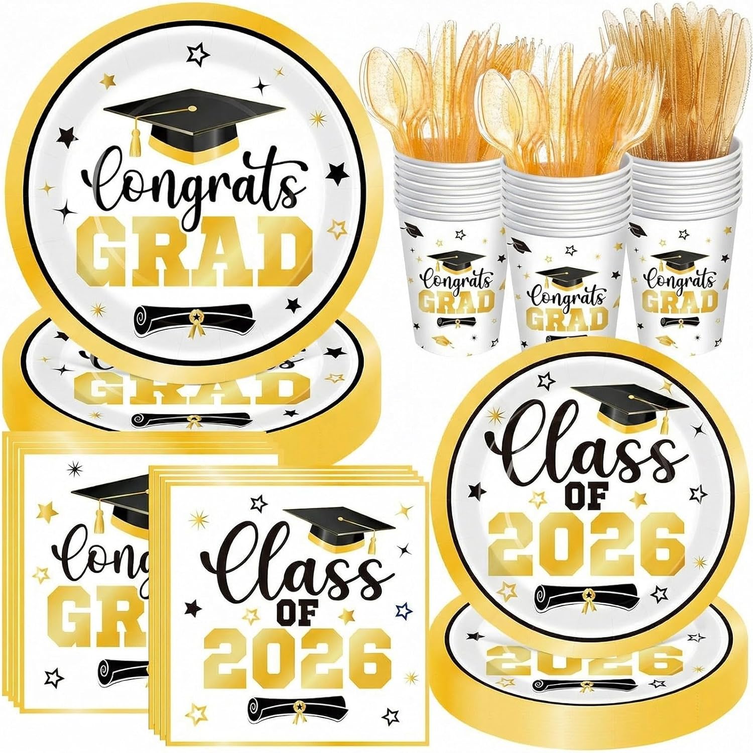 400 Pcs Graduation Party Supplies Class of 2026 Graduation Paper Plate Napkin Cup Cutlery Congrats Grad Disposable Tableware Set for Grad Party Decorations, Serve 50 (Pink,Black)