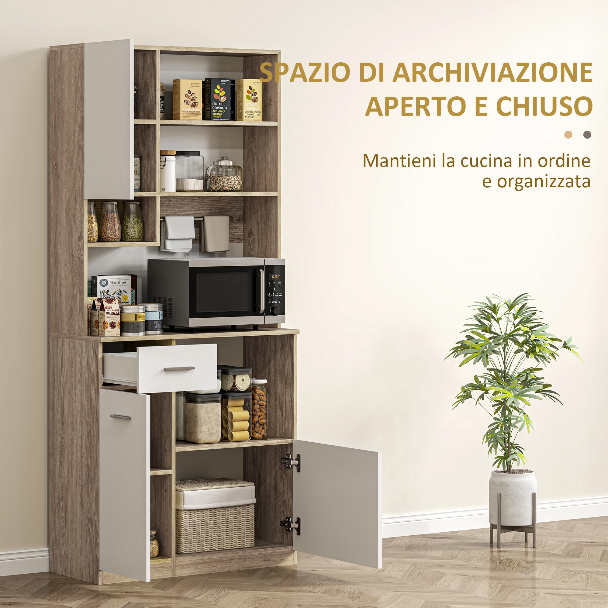 HOMCOM Credenza Cucina Alta con Cassetto, 3 Armadietti e 4 Scomparti Aperti, Mobile Dispensa con Ripiano Regolabile in Truciolato, per Soggiorno e Cucina, 80x35x180 cm, Bianco e Rovere