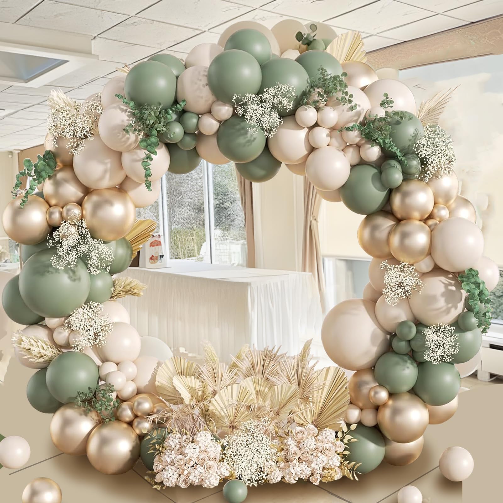 Kit Arco Palloncini Verde Salvia, 108pcs Palloncini Compleanno Verdi Con Verde Avocado, Oro Champagne e Sabbia Bianco Palloncini Per Compleanno, Baby Shower, Battesimo Bambino, Addobbi Matrimonio