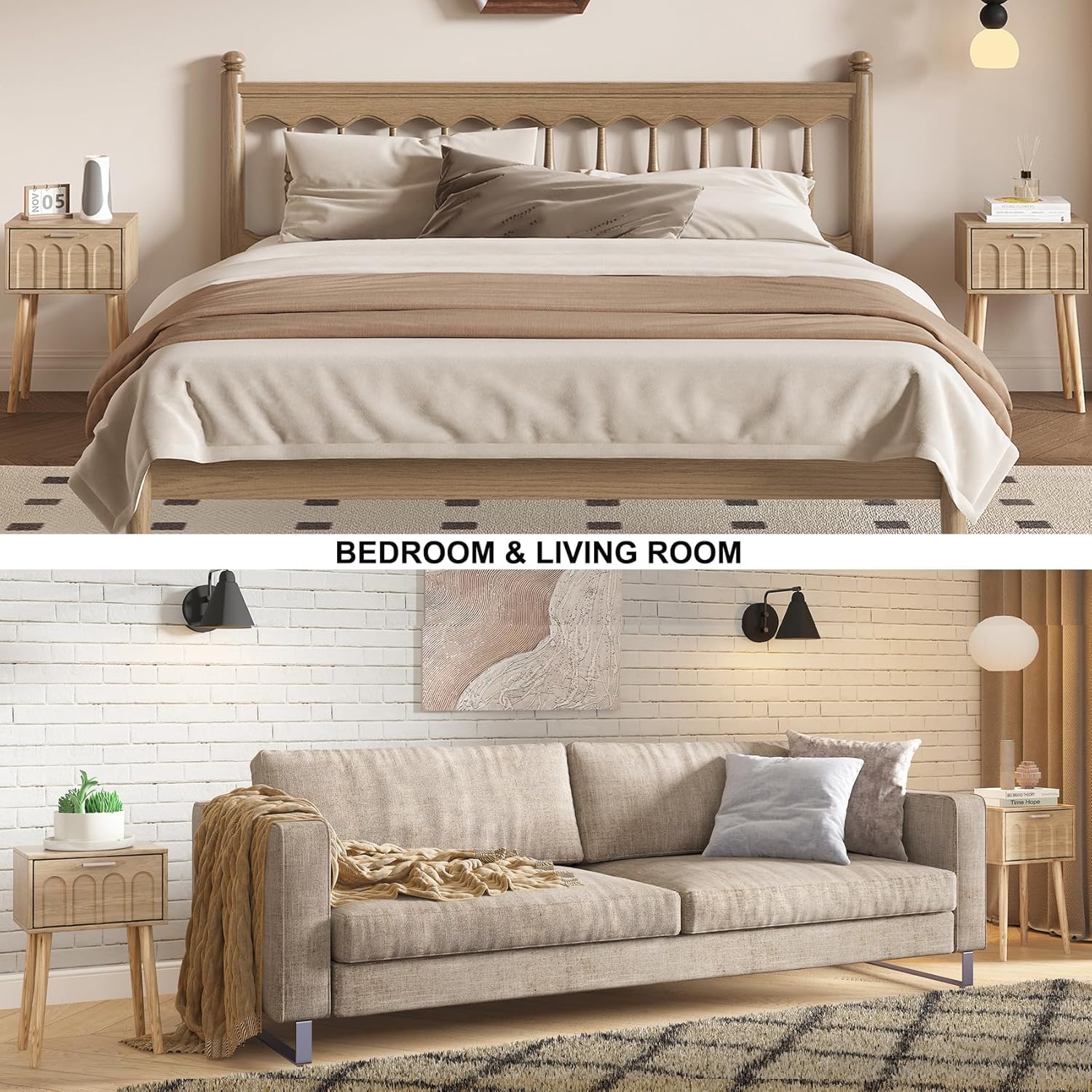 LAATOOREE Nightstand Set of 2, Small Bed Side Table with Arch Door, Mid-Century End Table with Wood Legs for Bedroom, Small Space (Natural)