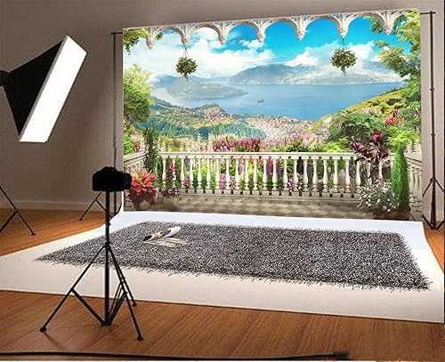 Miniatura 2 de AOFOTO Fondo retro de 12 x 8 pies para terraza de jardín, hermoso balcón, paisaje, fotografía, fondo vintage de arco, paisaje de niña, novia,