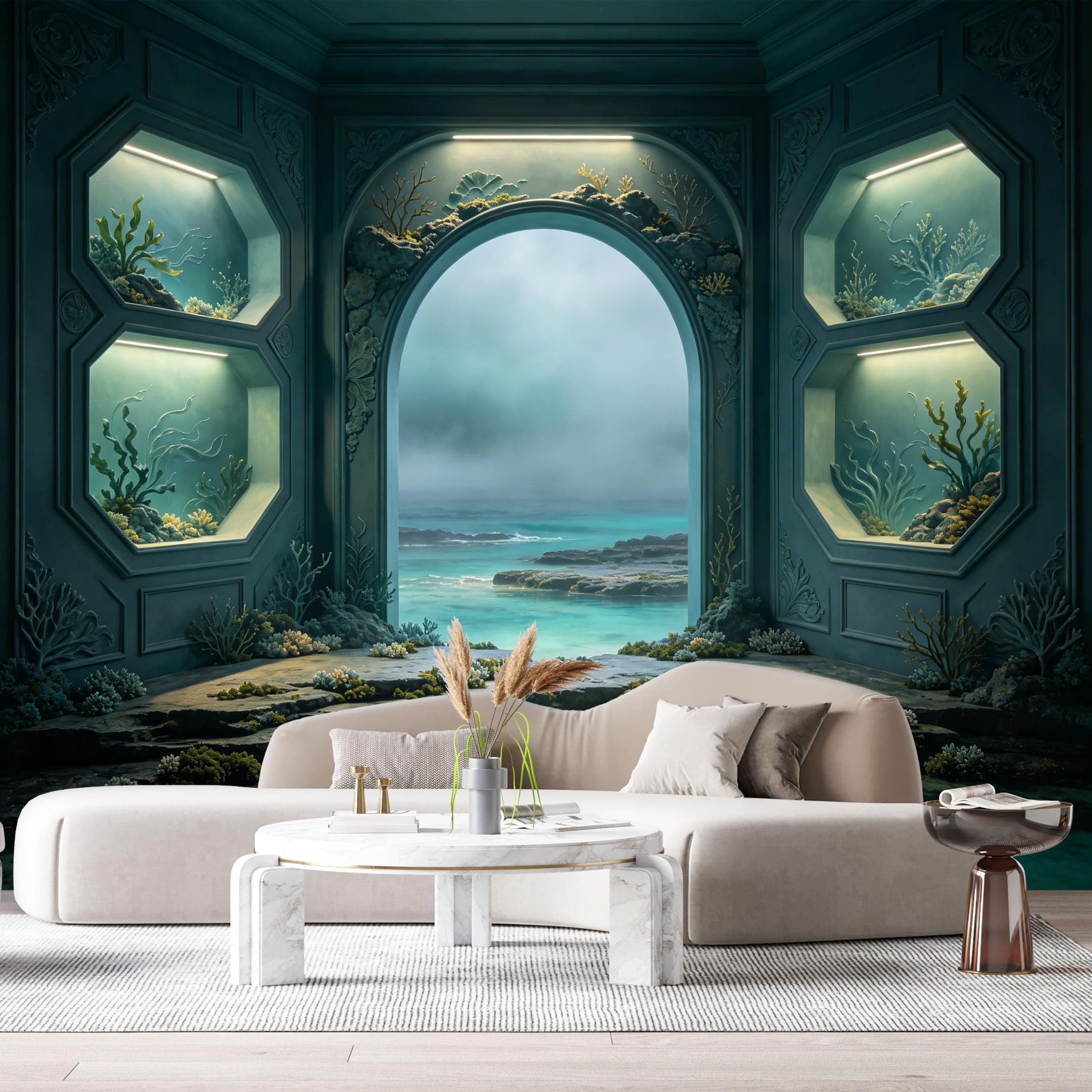 Custom Size Wall Murals Ocean Marine Stormy Sky Coral Carvings 3D Trompe L'Oeil SelfAdhesiveWall Fabric Removable Wallpaper Wall Decor for Living Room Bedroom Bathroom