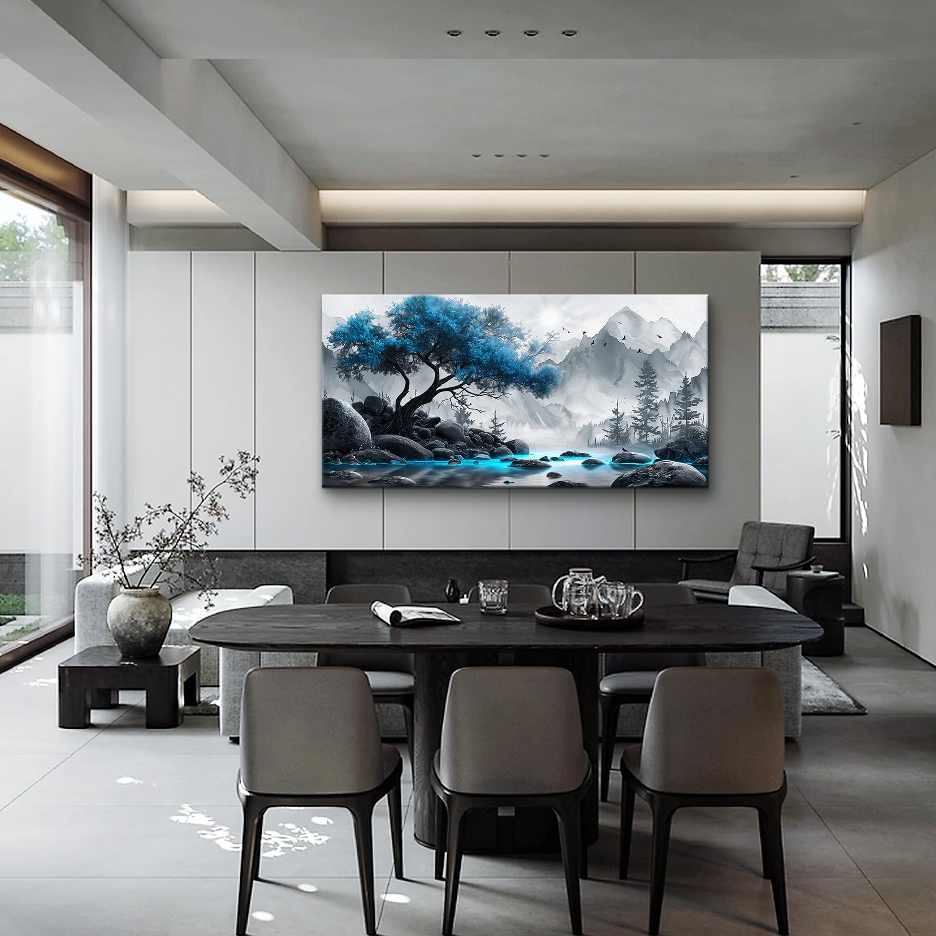 Lienzo grande para pared de sala de estar, decoración de pared para oficina, decoración de pared para dormitorio, pintura en blanco y negro, paisaje de árbol azul, imágenes de pared, cuadros 5