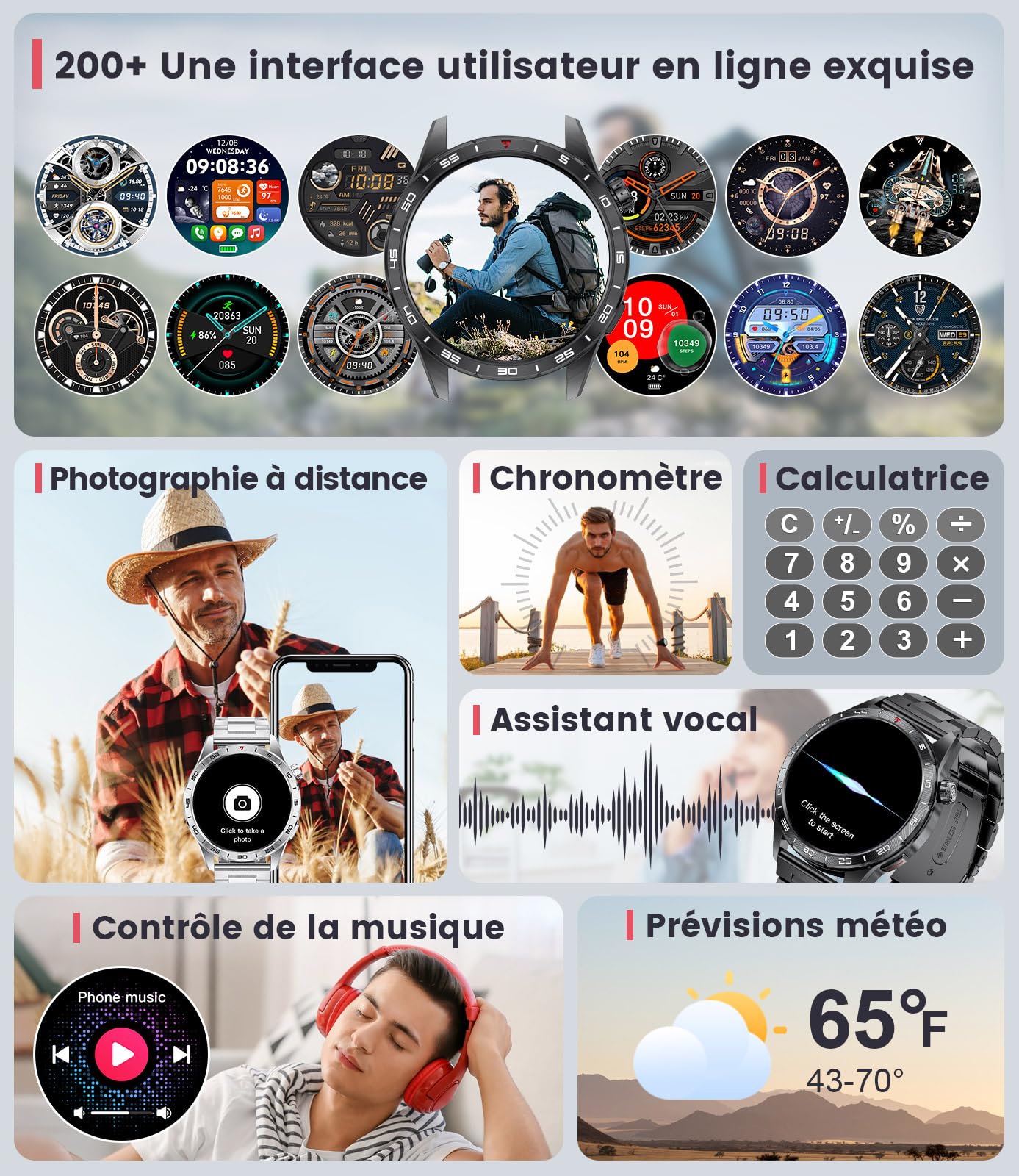 LIGE Montre Connectée Homme(3 Bracelets),1.43" AMOLED Montre Connecté avec Appel Bluetooth Moniteur Fréquence Cardiaque Podomètre, Smartwatch Etanche IP68 pour Android iOS, SML6-J