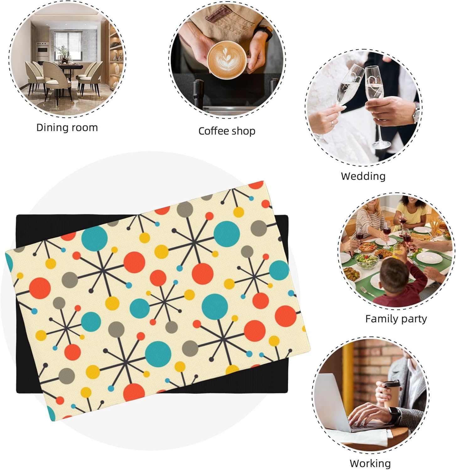 Mid Century Fifties Modern Atomic Retro Placemats Set of 6 Yellow Kitchen Table Mats for Dining Farmhouse Holiday Home Decor Linen Washable Place Mats, 12X18inch