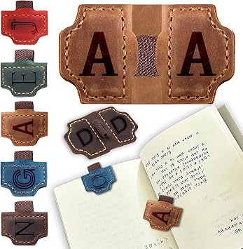Personalized Leather Bookmark with Pen Holder, 26 Letters Bookmark Personalized Magnetic Leather Bookmarks, Book Markers Clip with Initial Gifts for Women Teachers, Book Lovers Brown, A