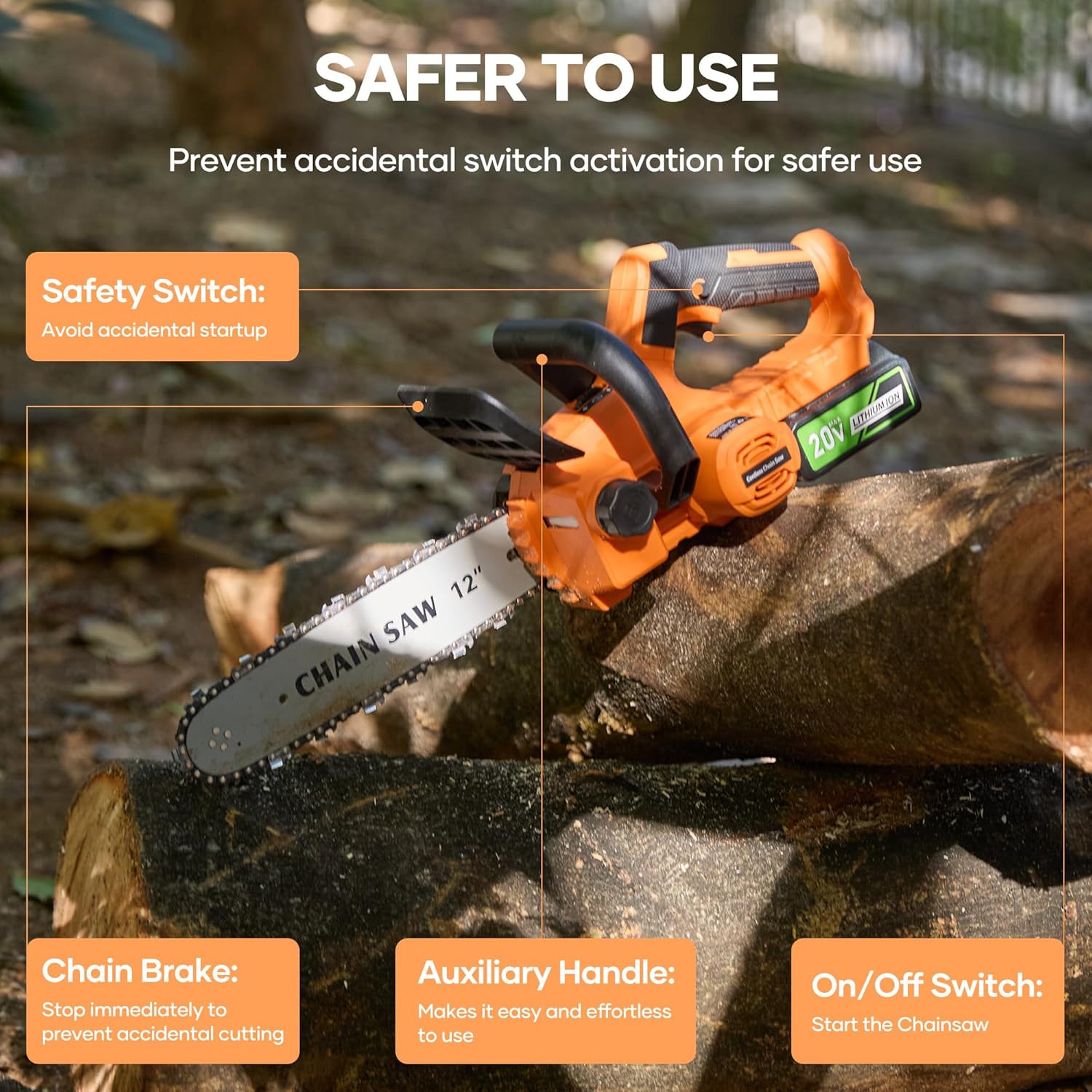 12 inch Electric Cordless Chainsaw, 4.0Ah Battery Operated Chainsaw Brushless Motor 4500 RPM, Auto-Oil, Safety Protection, Chain Saw Cordless for Wood Cutting, Tree Trimming