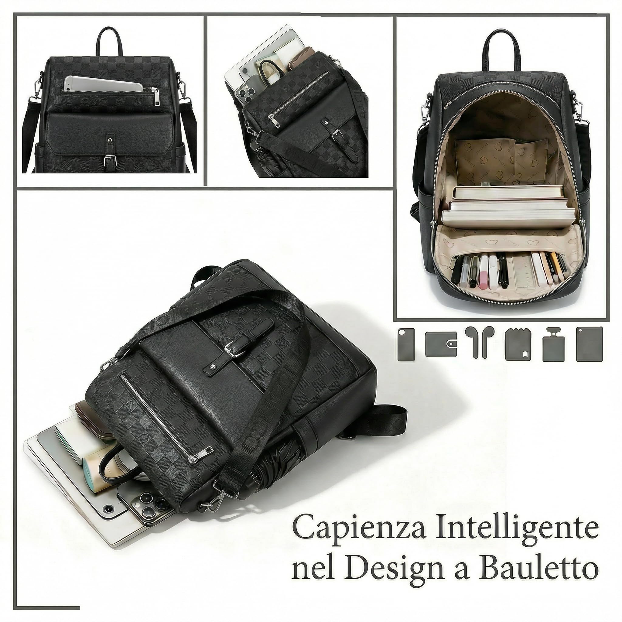 Zaino Donna Grande Capacità in Pelle PU Martellata con Motivo a Scacchi, Borsa Zainetto Multifunzionale con Tracolla Rimovibile, Zaino Moda per Università e City Walk,Nero
