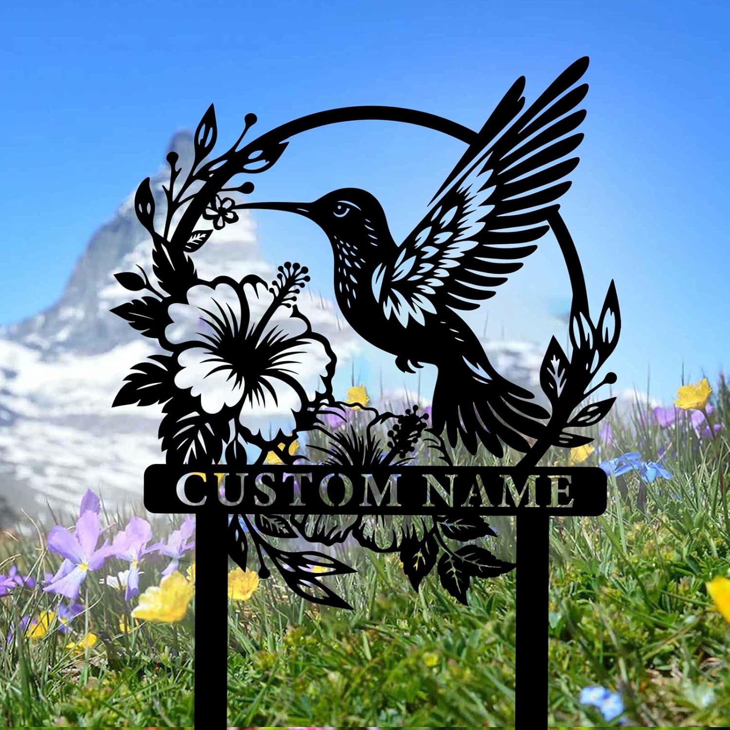 Custom Hummingbird Metal Garden Decor, Personalized Name Garden Stake, Hummingbird Stake, Metal Yard Garden Name Sign, Garden Decor Art, 12 inches, Black-b