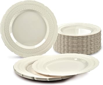 OCCASIONS  120 Plates Pack, Extra Heavyweight Vintage Wedding Party Disposable Plastic Plates 7 Dessert Plate, Chateau in Ivory