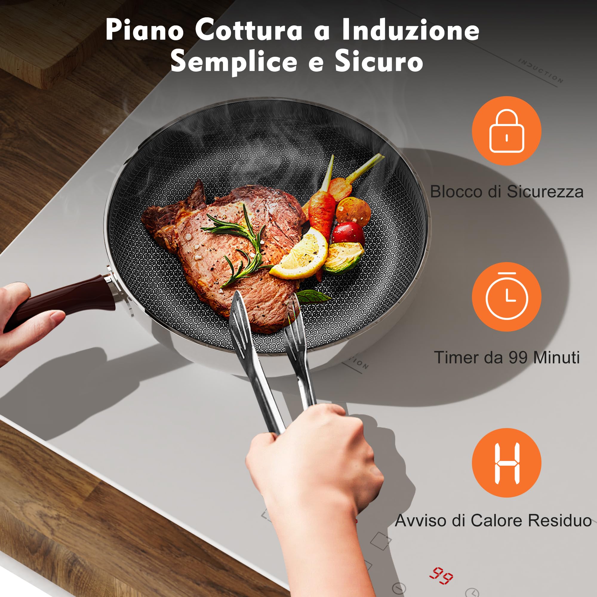 DELITEER Piano Cottura Induzione 4 Fuochi, Piano Cottura a Induzione Bianco 3500W, Piano Cottura da Incasso 59CM Con Spina, 9 Livelli di Potenza, Blocco di Sicurezza, Controllo Tattile, 220V