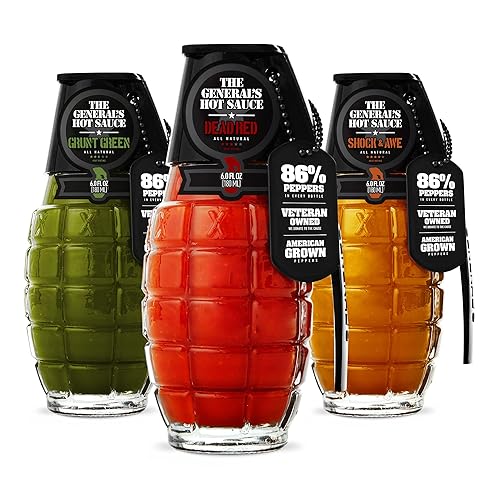 The General's Hot Sauce Triple Threat: Three 6 oz Bottles of Gourmet Hot Sauce Made with Louisiana-Grown Cayenne and Habanero Peppers. Green/ Dead Red/ Shock & Awe - Red Cayenne/Habanero/Green Cayenne - 6 Fl Oz (Pack of 3)