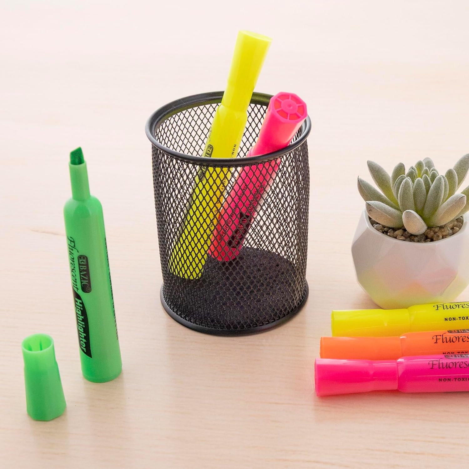 BAZIC PRODUCTS Assorted Fluorescent Ink Highlighter – Chisel Tip Broad Fine Line, Desk Style Highlighter Pen for Office and School, Unscented, Smooth Marking, 4/Pack, 24-Packs