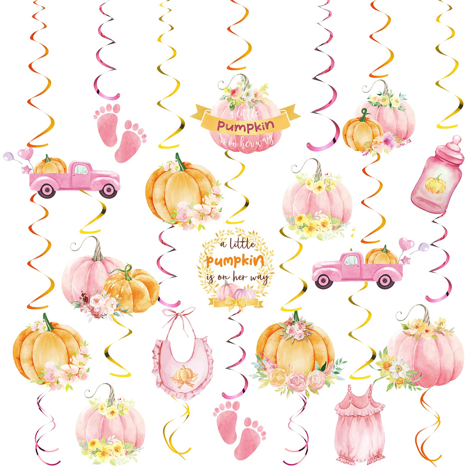 Photo 1 of 60 Pcs Little Pumpkin Hanging Swirls Baby Shower Party Decorations a Little Pumpkin Is on Her Way Hanging Decor Pink Floral Pumpkin Ceiling Swirl for Fall Baby Shower Girl Birthday Autumn Thanksgiving