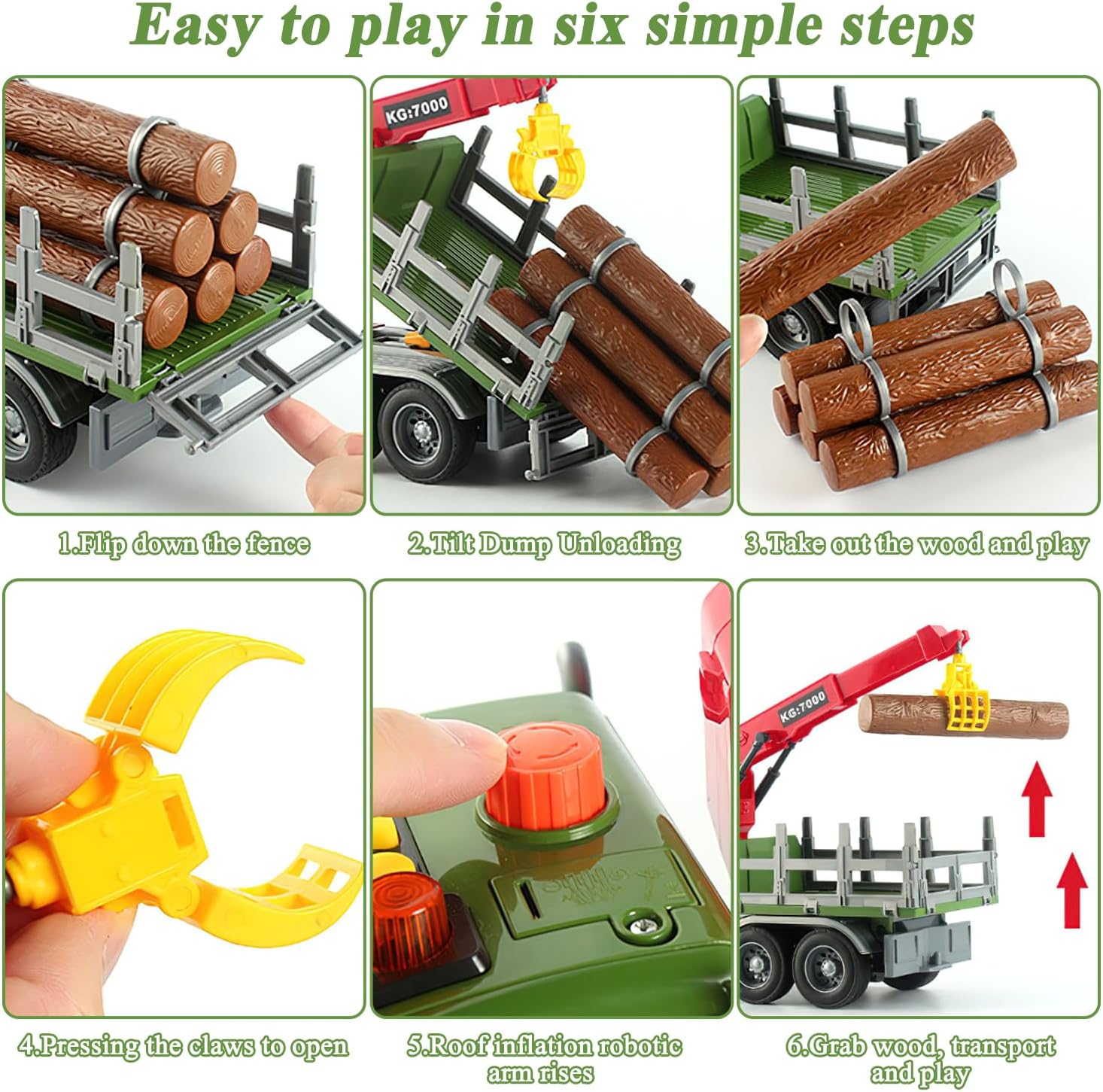 Mostop Logging Truck Kids Toy for 3 4 5 6 7 8 Year Old Boys, 15’’ Farm Log Truck with Loading Crane and 6 Trunks, Lights, Sounds, Friction Powered Toddler Farm Toy Vehicle for Boys Birthday Gifts