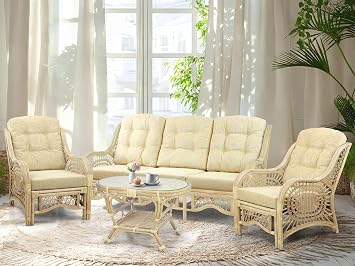 Malibu Lounge Set of 4 2 Natural Rattan Wicker Chairs, Three-Seater Sofa with Cushions and Coffee Table with Glass Handmade, Natural Cream Cushions