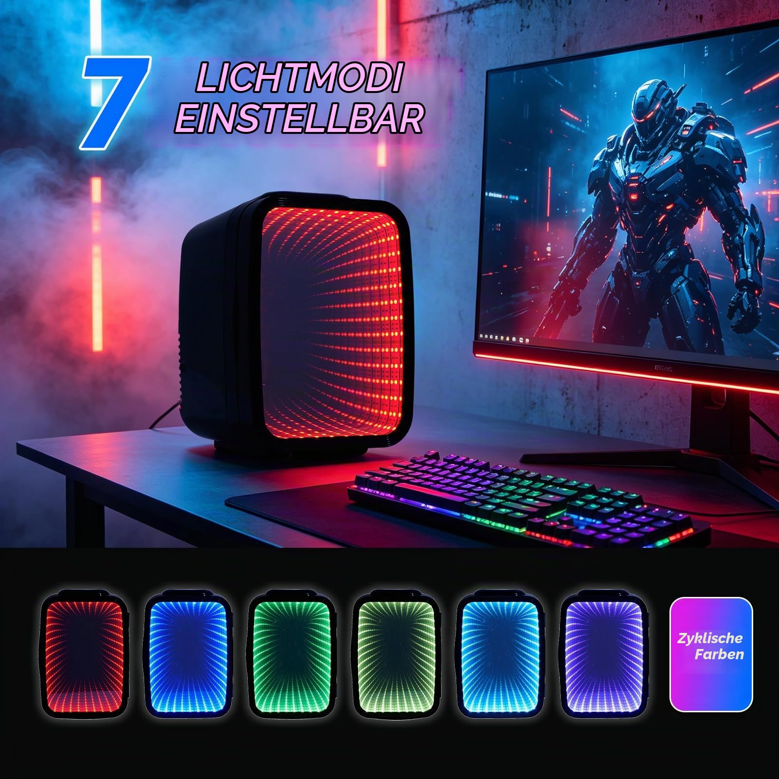 Enventor Mini Kühlschrank 4L, RGB Infinity, 6 dimmbare Lichtmodi | Tragbarer Kühl- und Warmhaltebehälter, AC + 12V DC, Kleiner Kühlschrank für Schlafzimmer, Gaming-Zimmer, Büro, Auto