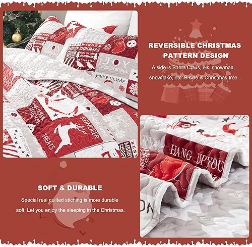 Miniatura 4 de Juego de edredones de Navidad, tamaño Queen, colcha acolchada suave y reversible de Navidad, juego de ropa de cama ligera para cama