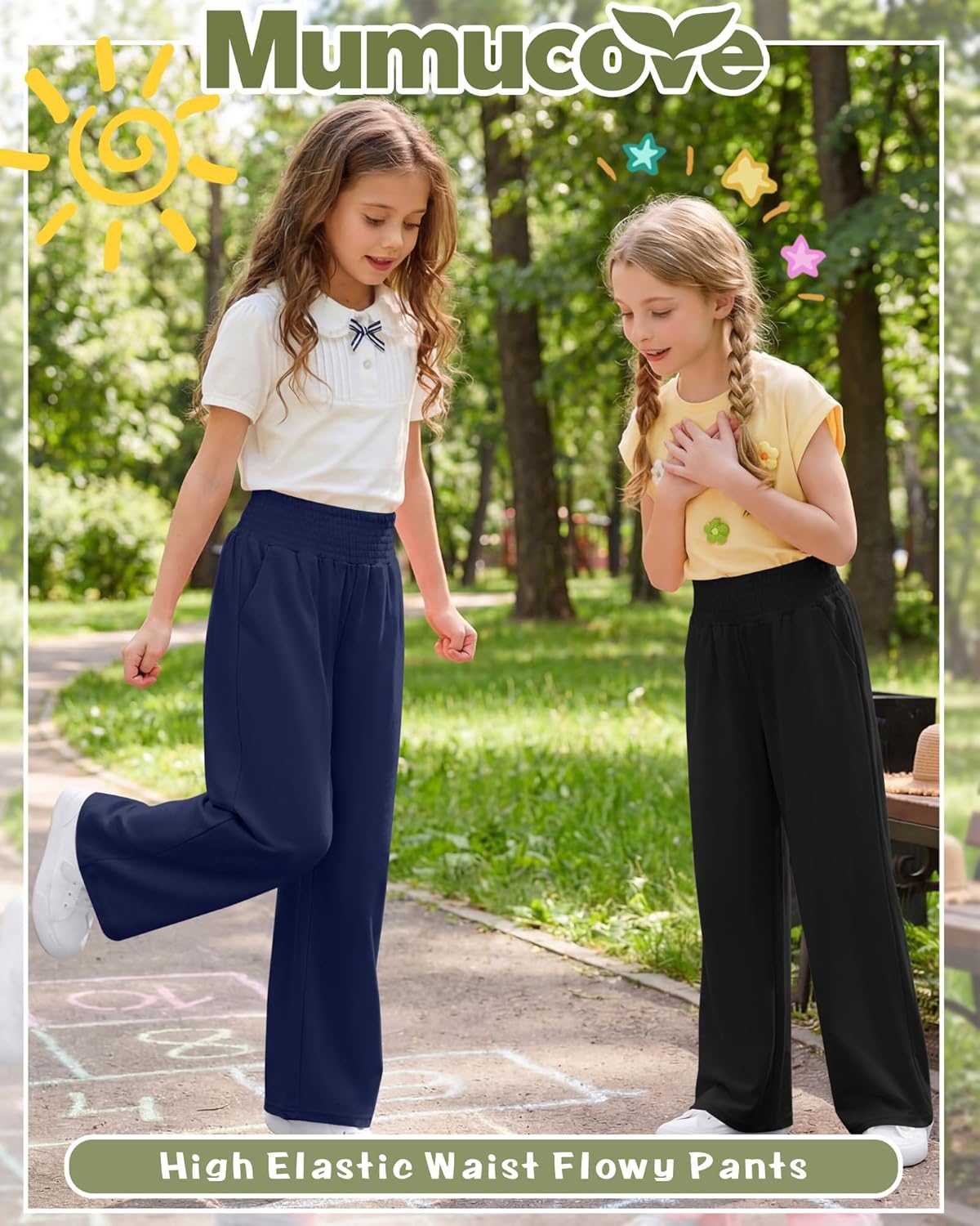 3 Pack Girls Flowy Wide Leg Pants Summer Lightweight Pants High Elastic Waist Loose Uniform Trousers for 5-14y Kids