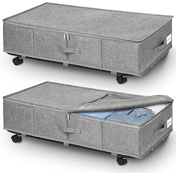 JUPELI 50L Underbed Storage Boxes with Wheels Pack of 2 Grey Metal Floor Support Foldable and Easy Pull Out for Quilts Clothes and Bedding