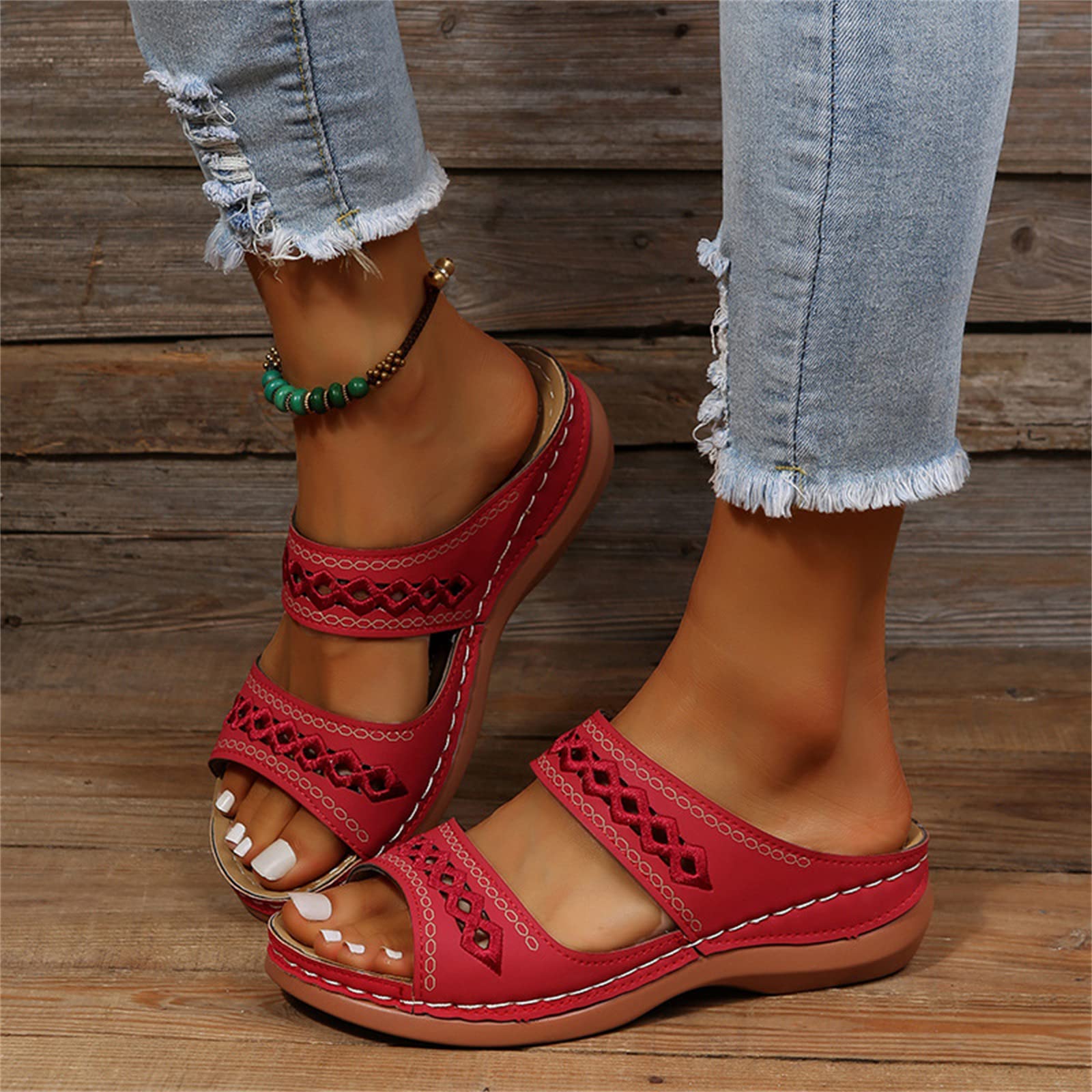 DOIX Women's Summer Clogs Mules Open Toe Sandals with Hollow Embroidered Anti Slip Wedge Loafer Slippers Ladies Slip on Sandals Backless Garden Beach Shoes,Red,US8/EU39