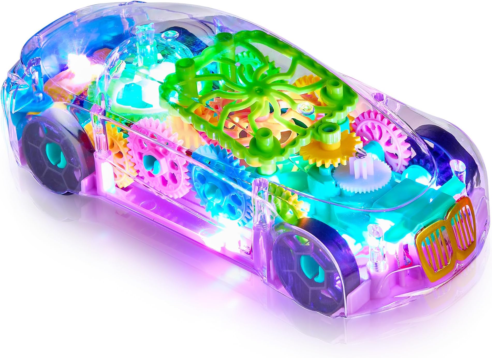 Playbees Light-Up Transparent Car Toy, Toys for Autistic Kids Ages 3-5 Sensory Toy for Kids with Autism Special Needs Toys, Bump and Go Toys for Toddlers Music and LED Effects Great Gift Idea