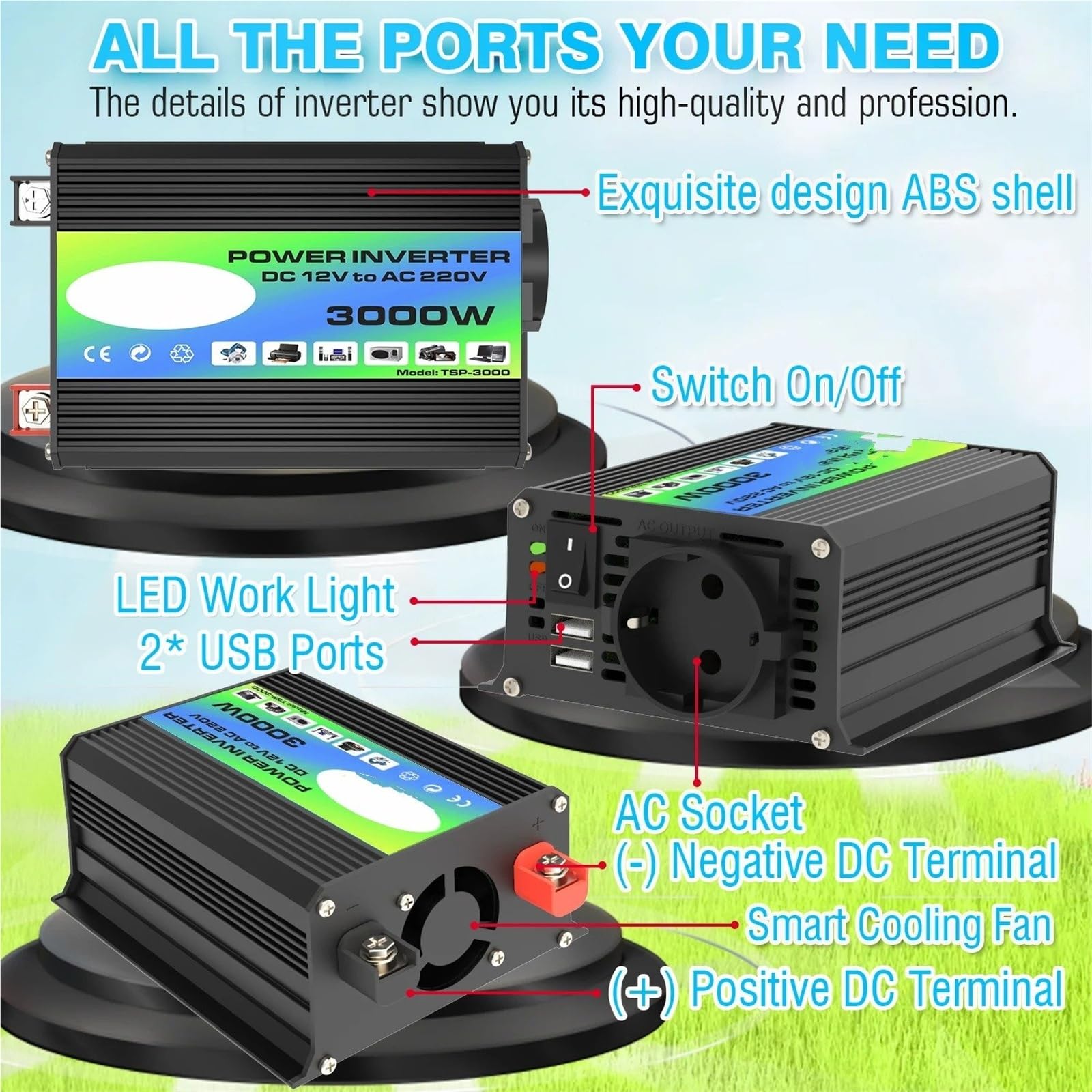 Inversor Corriente Coche Inversor Corriente Máxima Coche 300W Clasificación 3000W 12V CC 220V CA Enchufe Europeo USB Dual Carga Rápida 42a LED USB 8 Protecciones(Universal 12V 220V)